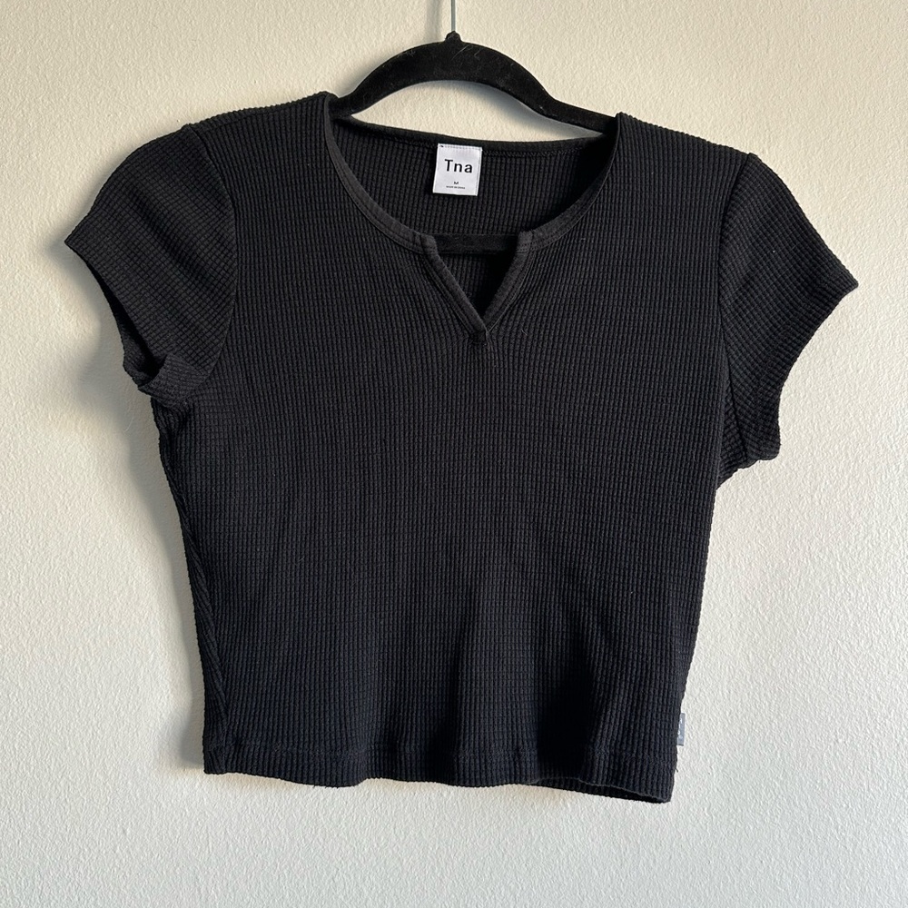 Tna Black Waffle Knit Short Sleeve Top